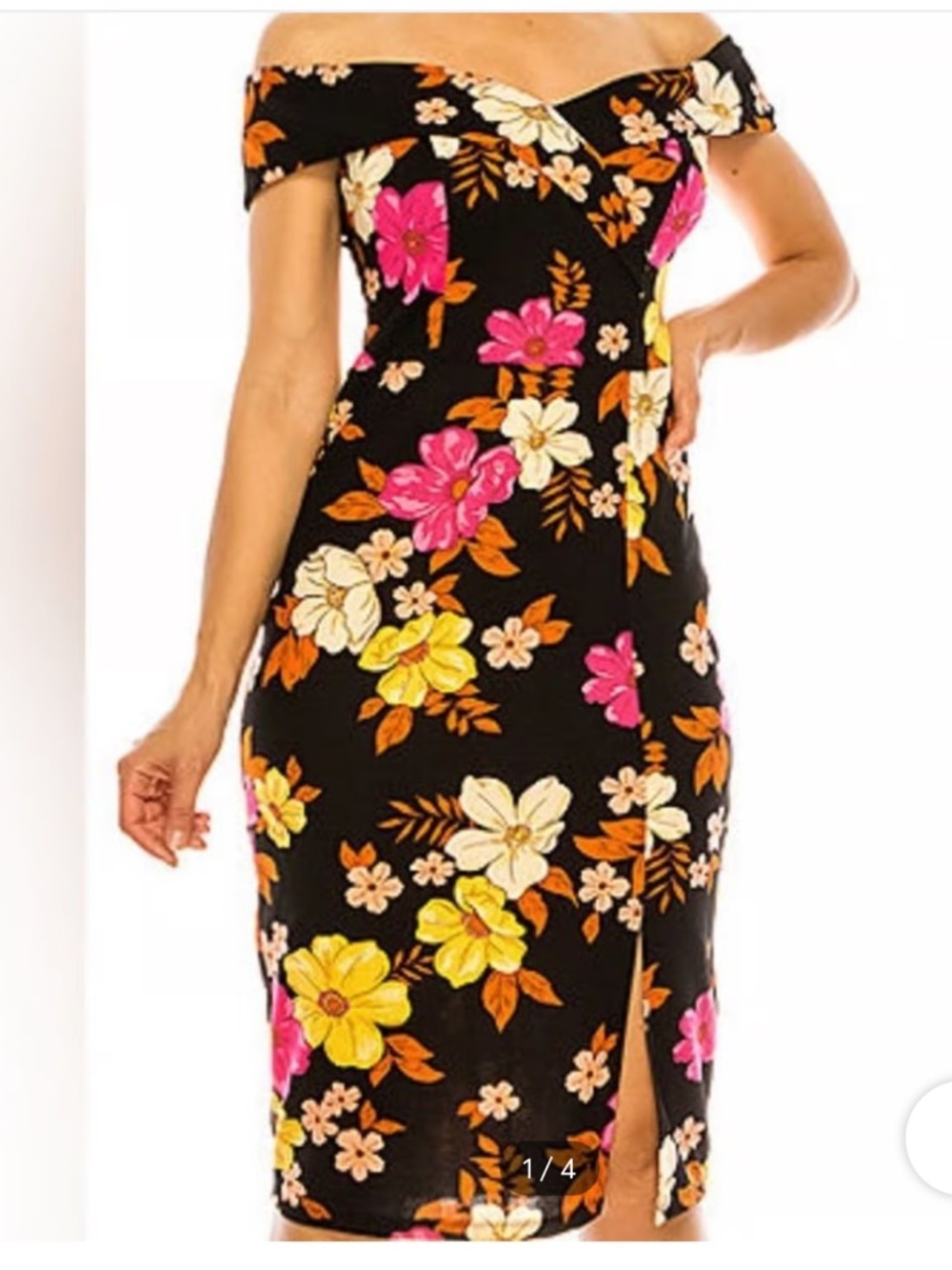 Off-Shoulder Black Floral Midi Dress with Pink & Yellow Blooms